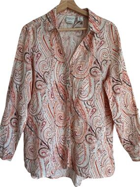 Rachel Zoe Paisley Linen Blouse European Flax Button Up Long Sleeve Sz Large